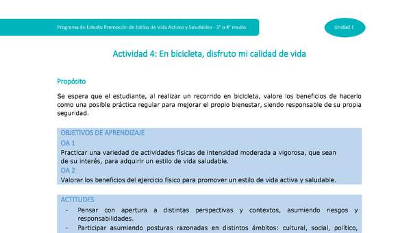 Actividad 4: En bicicleta, disfruto mi calidad de vida Actividad 4: En bicicleta, disfruto mi calidad de vida
