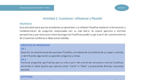 Actividad 1: Cuestionar, reflexionar y filosofar Actividad 1: Cuestionar, reflexionar y filosofar