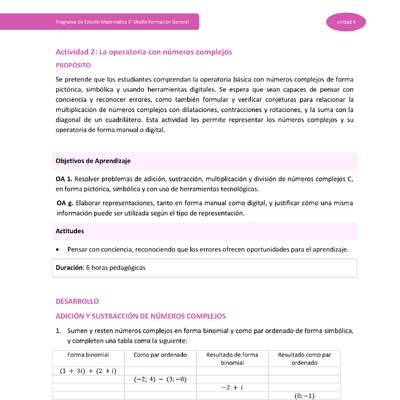 Actividad 2: La operatoria con números complejos Actividad 2: La operatoria con números complejos