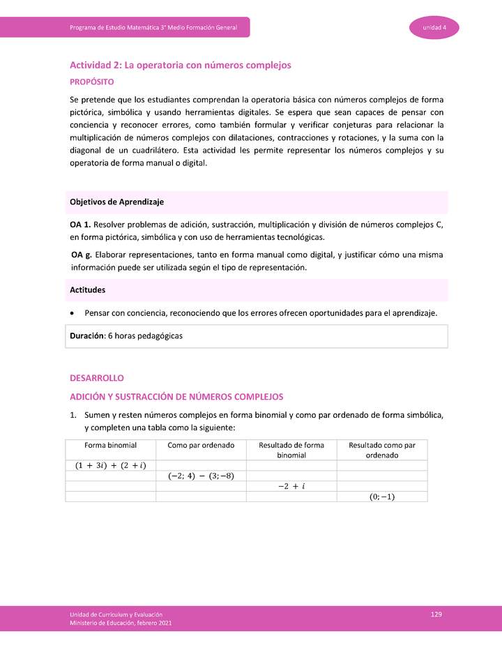 Actividad 2: La operatoria con números complejos Actividad 2: La operatoria con números complejos