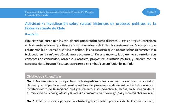 Actividad 4: Investigación sobre sujetos históricos en procesos políticos de la historia reciente de Chile Actividad 4: Investigación sobre sujetos históricos en procesos políticos de la historia reciente de Chile