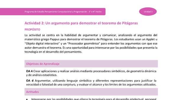 Actividad 2: Un argumento para demostrar el Teorema de Pitágoras Actividad 2: Un argumento para demostrar el Teorema de Pitágoras