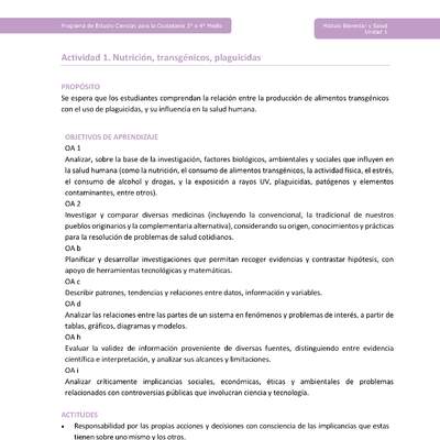 Actividad 1: Nutrición, transgénicos, plaguicidas Actividad 1: Nutrición, transgénicos, plaguicidas