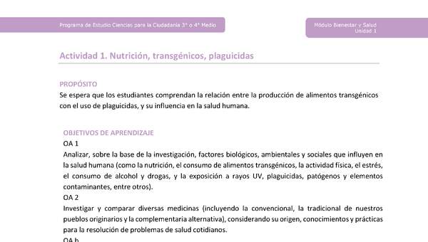 Actividad 1: Nutrición, transgénicos, plaguicidas Actividad 1: Nutrición, transgénicos, plaguicidas
