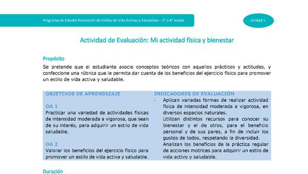 Actividad de evaluación Unidad 1: Mi actividad física y bienestar Actividad de evaluación Unidad 1: Mi actividad física y bienestar