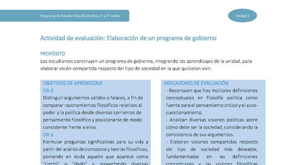 Actividad de evaluación: Elaboración de un programa de gobierno Actividad de evaluación: Elaboración de un programa de gobierno