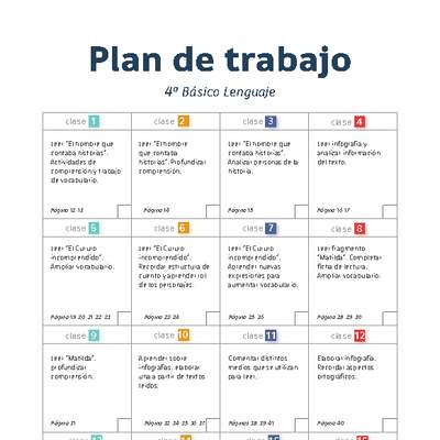 Plan de trabajo Lenguaje 4° básico Plan de trabajo Lenguaje 4° básico