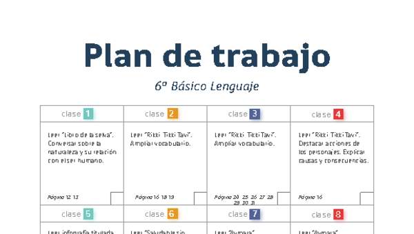 Plan de trabajo Lenguaje 6° básico Plan de trabajo Lenguaje 6° básico