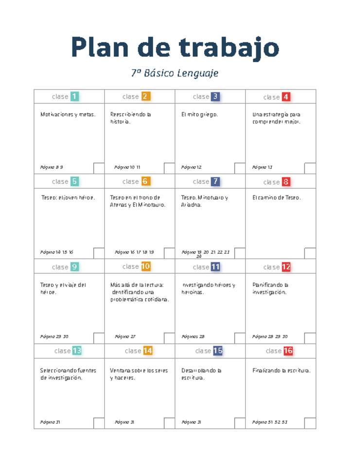 Plan de trabajo Lenguaje 7° básico Plan de trabajo Lenguaje 7° básico