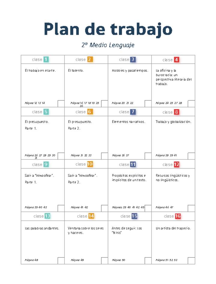 Plan de trabajo Lenguaje 2° medio Plan de trabajo Lenguaje 2° medio