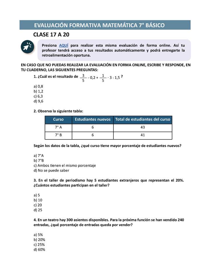 Evaluación Matemática 7° básico Unidad 1 Semana 5 Evaluación Matemática 7° básico Unidad 1 Semana 5