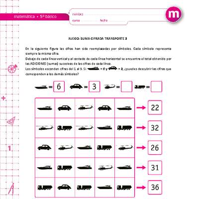 Juego: suma cifrada transporte 3 Juego: suma cifrada transporte 3