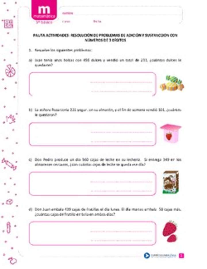 Resolución de problemas de adición y sustracción con números de 3 dígitos Resolución de problemas de adición y sustracción con números de 3 dígitos