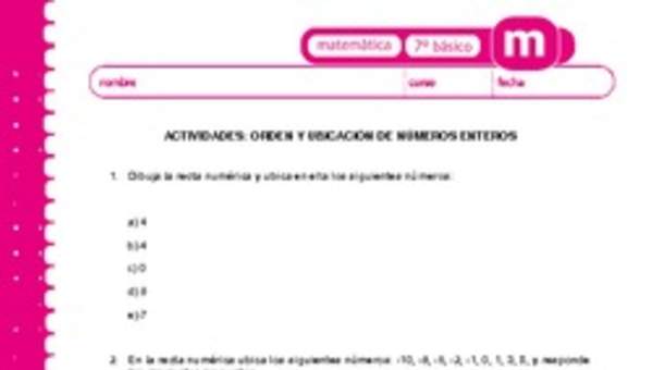 Orden y ubicación números enteros Orden y ubicación números enteros