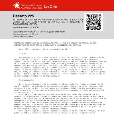 Decreto Supremo N°225, de 2017 (Estándares para 6° básico) Decreto Supremo N°225, de 2017 (Estándares para 6° básico)