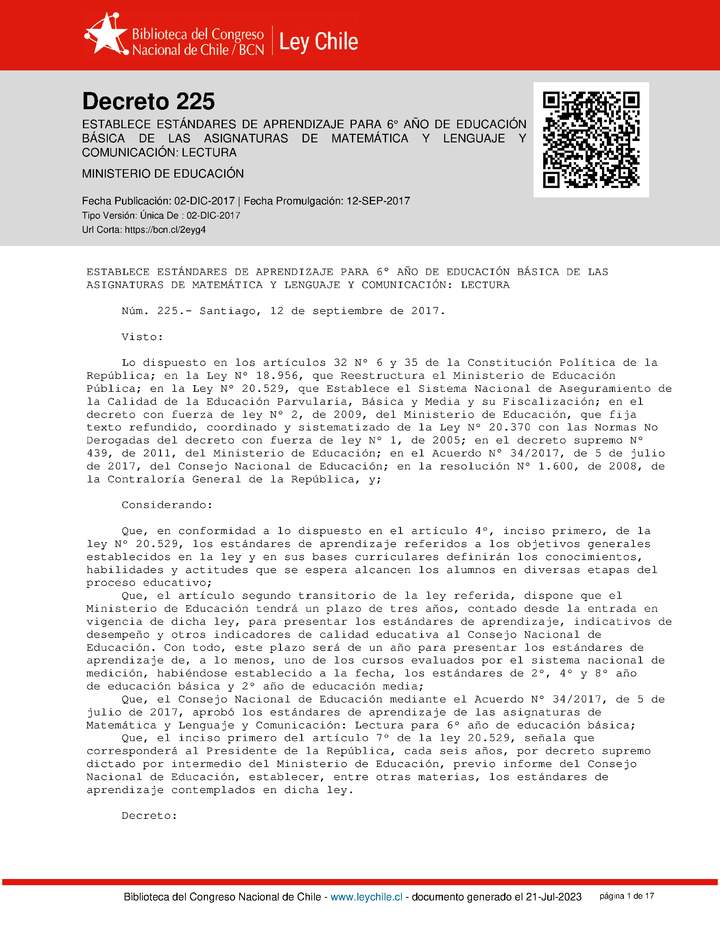 Decreto Supremo N°225, de 2017 (Estándares para 6° básico) Decreto Supremo N°225, de 2017 (Estándares para 6° básico)