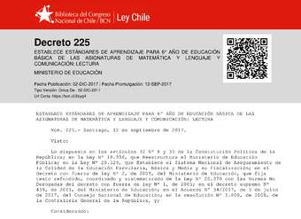 Decreto Supremo N°225, de 2017 (Estándares para 6° básico) Decreto Supremo N°225, de 2017 (Estándares para 6° básico)