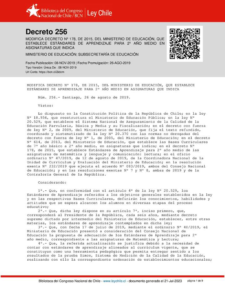 Decreto Supremo N°256, de 2019 (Adecuación Estándares para 2° medio) Decreto Supremo N°256, de 2019 (Adecuación Estándares para 2° medio)