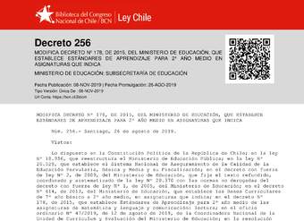 Decreto Supremo N°256, de 2019 (Adecuación Estándares para 2° medio) Decreto Supremo N°256, de 2019 (Adecuación Estándares para 2° medio)