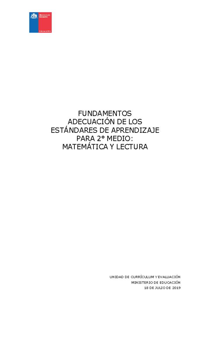 Fundamentos Adecuación de los Estándares de Aprendizaje para 2º medio Fundamentos Adecuación de los Estándares de Aprendizaje para 2º medio
