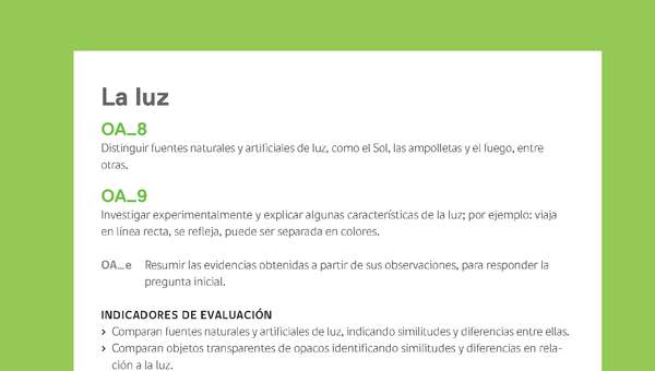 Ejemplo Evaluación Programas - OA08 - OA09 - La luz Ejemplo Evaluación Programas - OA08 - OA09 - La luz