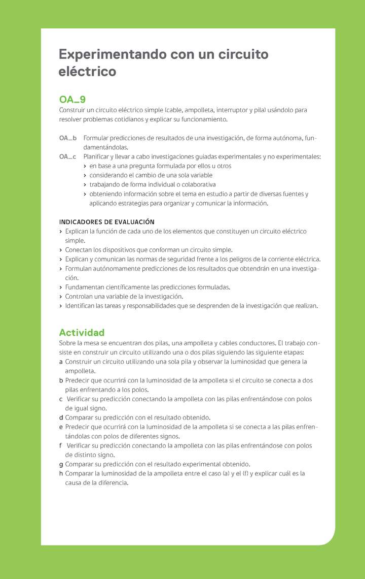 Ejemplo Evaluación Programas - OA09 - Experimentando con un circuito eléctrico Ejemplo Evaluación Programas - OA09 - Experimentando con un circuito eléctrico
