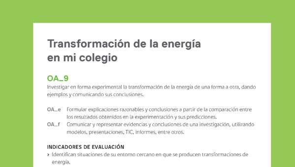 Ejemplo Evaluación Programas - OA09 - Transformación de la energía en mi colegio Ejemplo Evaluación Programas - OA09 - Transformación de la energía en mi colegio