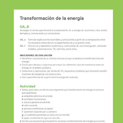 Ejemplo Evaluación Programas - OA09 - Transformación de la energía Ejemplo Evaluación Programas - OA09 - Transformación de la energía