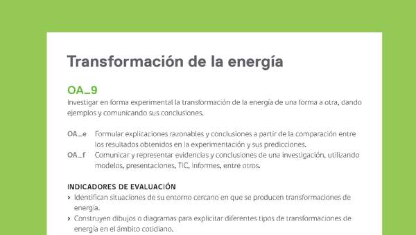 Ejemplo Evaluación Programas - OA09 - Transformación de la energía Ejemplo Evaluación Programas - OA09 - Transformación de la energía