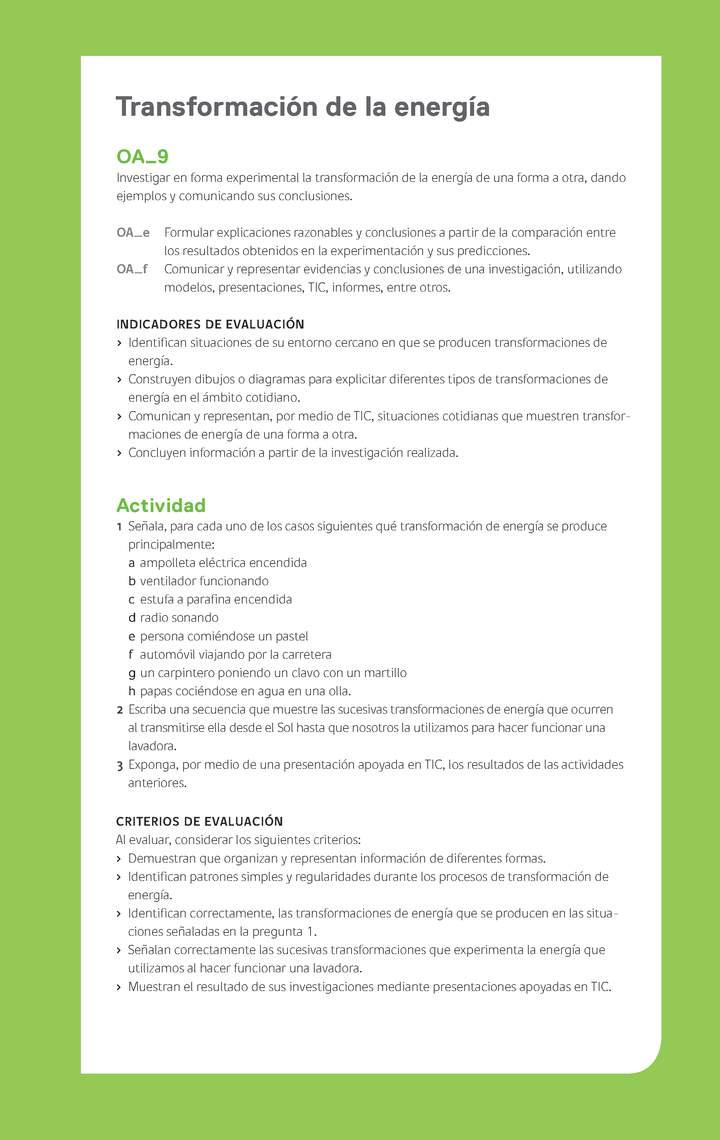 Ejemplo Evaluación Programas - OA09 - Transformación de la energía Ejemplo Evaluación Programas - OA09 - Transformación de la energía