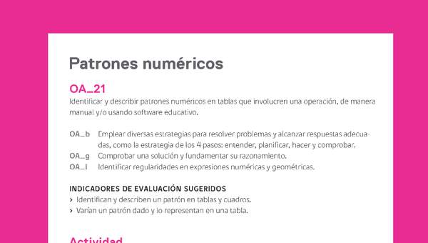 Evaluación Programas - MA04 OA21 - U2 - Patrones numéricos Evaluación Programas - MA04 OA21 - U2 - Patrones numéricos