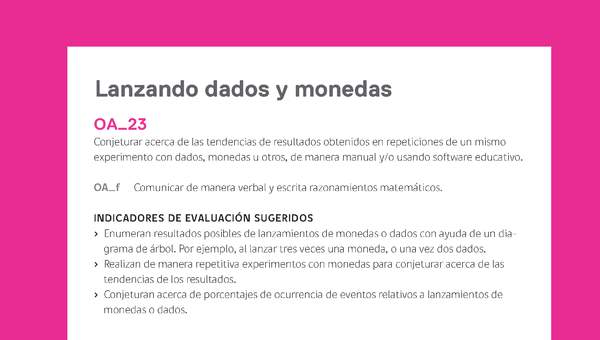 Evaluación Programas - MA06 OA23 - U4 - Lanzando dados y monedas Evaluación Programas - MA06 OA23 - U4 - Lanzando dados y monedas