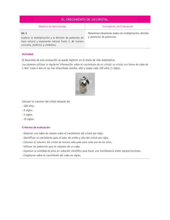 Evaluación Programas - MA08 OA03 - U1 - EL CRECIMIENTO DE UN CRISTAL Evaluación Programas - MA08 OA03 - U1 - EL CRECIMIENTO DE UN CRISTAL