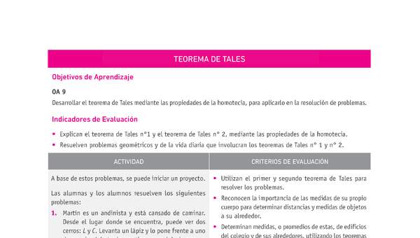 Evaluación Programas - MA1M OA09 - U3 - TEOREMA DE TALES Evaluación Programas - MA1M OA09 - U3 - TEOREMA DE TALES