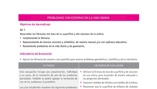 Evaluación Programas - MA2M OA07 - U1 - PROBLEMAS CON ESFERAS EN LA VIDA DIARIA Evaluación Programas - MA2M OA07 - U1 - PROBLEMAS CON ESFERAS EN LA VIDA DIARIA