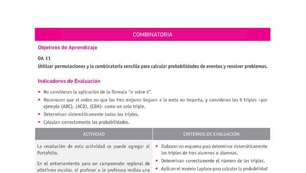 Evaluación Programas - MA2M OA11 - U4 - COMBINATORIA Evaluación Programas - MA2M OA11 - U4 - COMBINATORIA