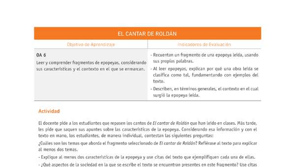 Evaluación Programas - LE08 OA06 - U1 - EL CANTAR DE ROLDÁN Evaluación Programas - LE08 OA06 - U1 - EL CANTAR DE ROLDÁN