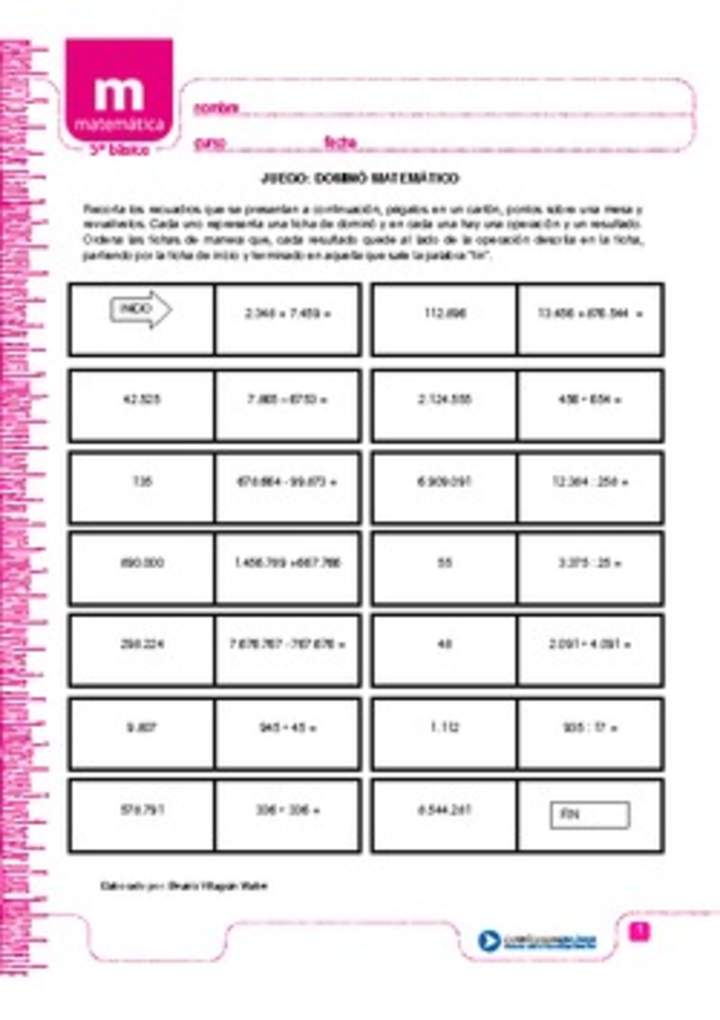 Juego: dominó matemático Juego: dominó matemático