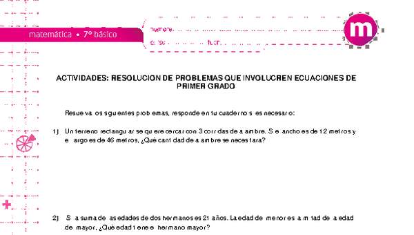Resolución de problemas que involucre ecuaciones de primer grado Resolución de problemas que involucre ecuaciones de primer grado