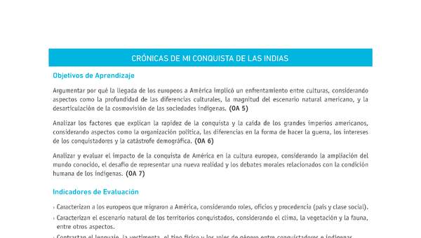 Evaluación Programas - HI08 - OA05 - OA06 - OA07 - U1 - CRÓNICAS DE MI CONQUISTA DE LAS INDIAS Evaluación Programas - HI08 - OA05 - OA06 - OA07 - U1 - CRÓNICAS DE MI CONQUISTA DE LAS INDIAS
