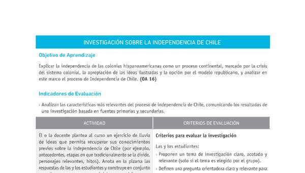 Evaluación Programas - HI08 OA16 - U3 - INVESTIGACIÓN SOBRE LA INDEPENDENCIA DE CHILE Evaluación Programas - HI08 OA16 - U3 - INVESTIGACIÓN SOBRE LA INDEPENDENCIA DE CHILE
