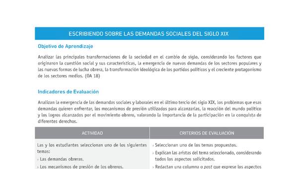 Evaluación Programas - HI1M OA18 - U2 - ESCRIBIENDO SOBRE LAS DEMANDAS SOCIALES DEL SIGLO XIX Evaluación Programas - HI1M OA18 - U2 - ESCRIBIENDO SOBRE LAS DEMANDAS SOCIALES DEL SIGLO XIX