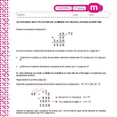 Multiplicación de números naturales usando algoritmo Multiplicación de números naturales usando algoritmo
