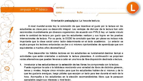 Orientación pedagógica: La hora de lectura Orientación pedagógica: La hora de lectura