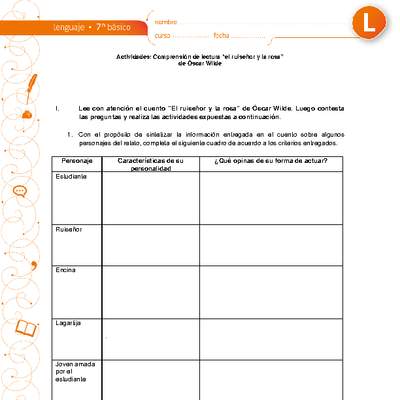 Comprensión de lectura el ruiseñor y la rosa Comprensión de lectura el ruiseñor y la rosa