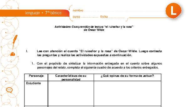Comprensión de lectura el ruiseñor y la rosa Comprensión de lectura el ruiseñor y la rosa