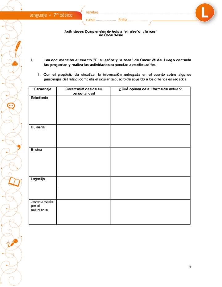 Comprensión de lectura el ruiseñor y la rosa Comprensión de lectura el ruiseñor y la rosa