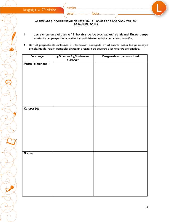 Comprensión de lectura el hombre de los ojos azules Comprensión de lectura el hombre de los ojos azules