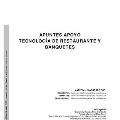 Apuntes de Apoyo Tecnología de Restaurante y Banquetes Apuntes de Apoyo Tecnología de Restaurante y Banquetes