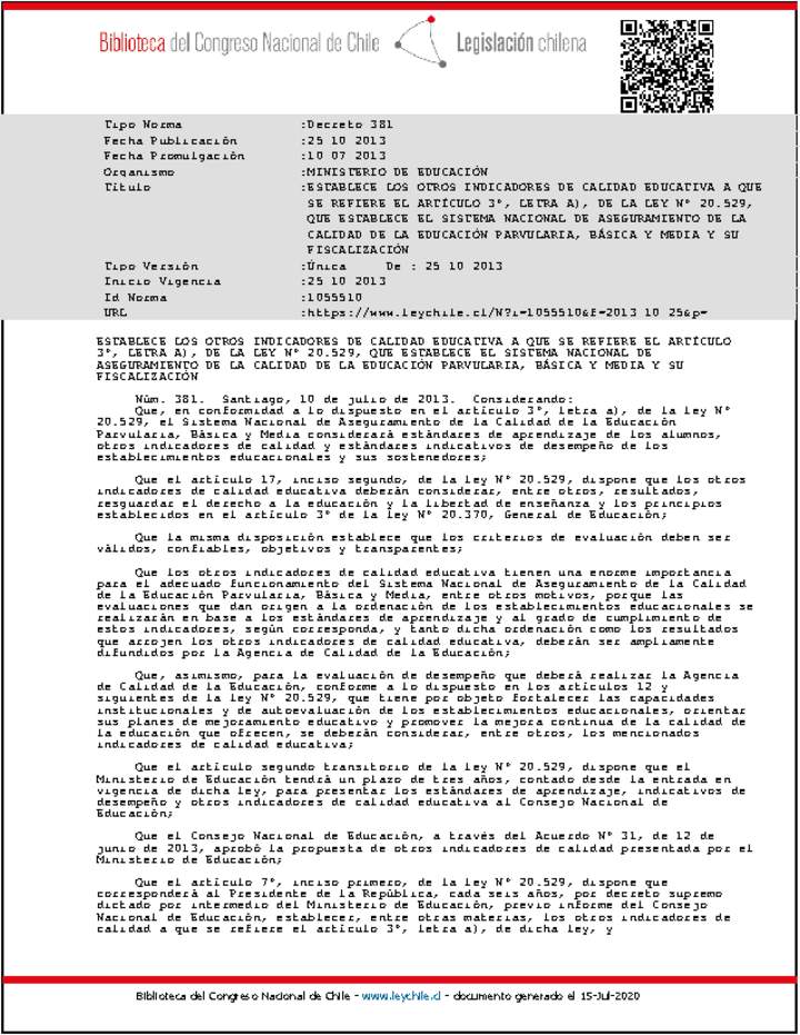 Decreto 381 (Establece Otros Indicadores de Calidad Educativa) Decreto 381 (Establece Otros Indicadores de Calidad Educativa)